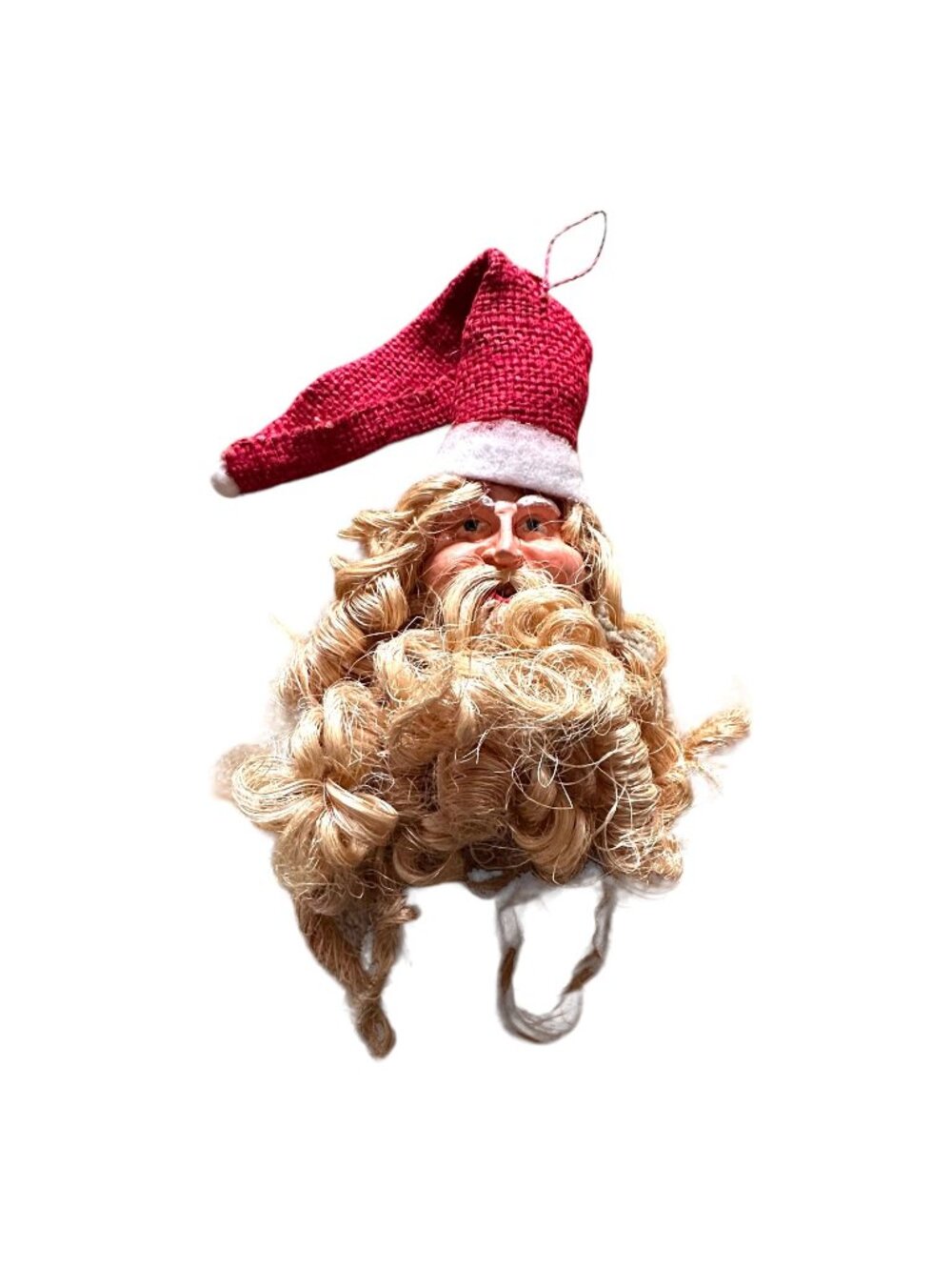 Vintage Santa Wall Hanging With Long Rope Beard & Paper Mache Face 15" Christmas